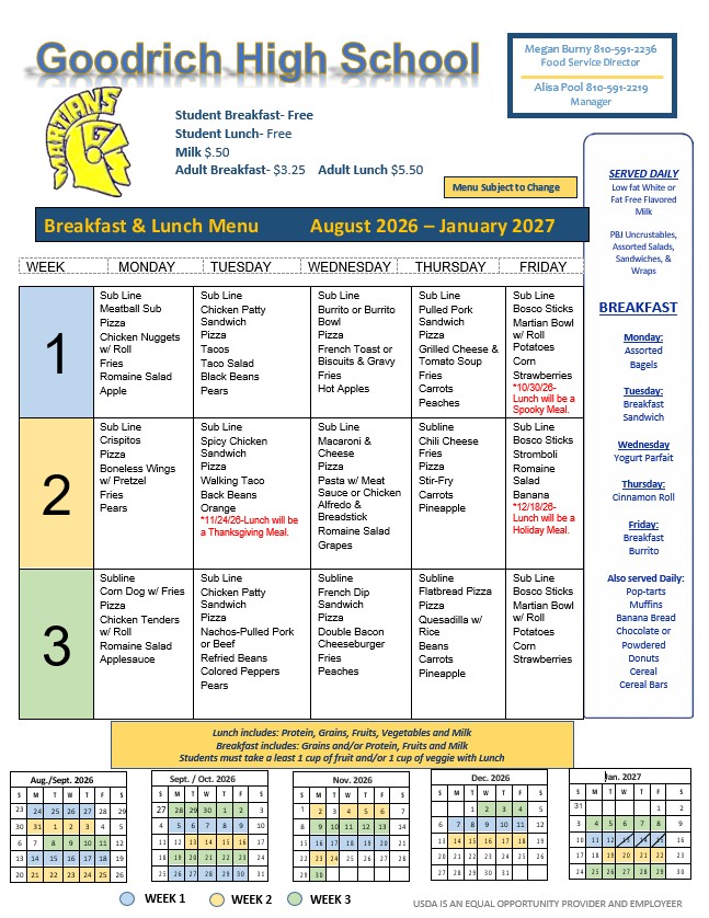 A Goodrich High School breakfast and lunch menu 
